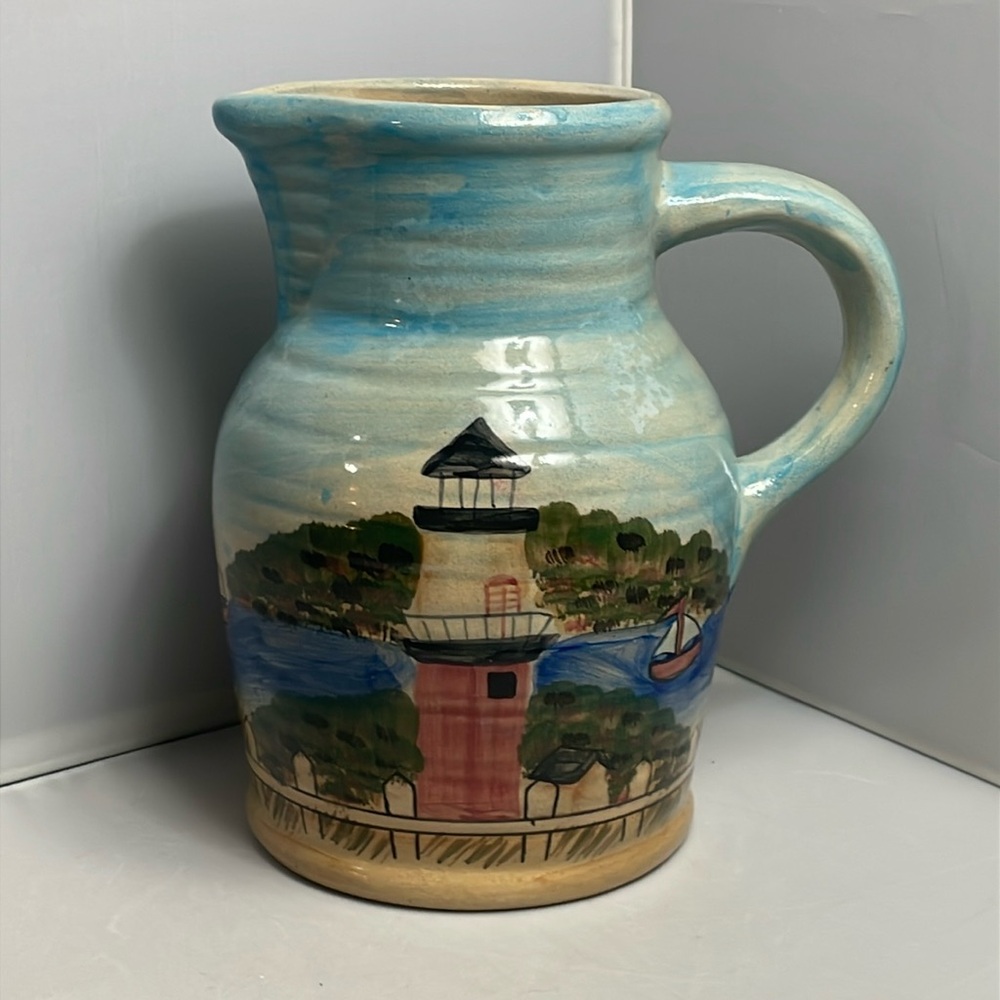 WCL Pottery Hand‎ Thrown Ceramic Lighthouse Pitcher Jug Folk Art